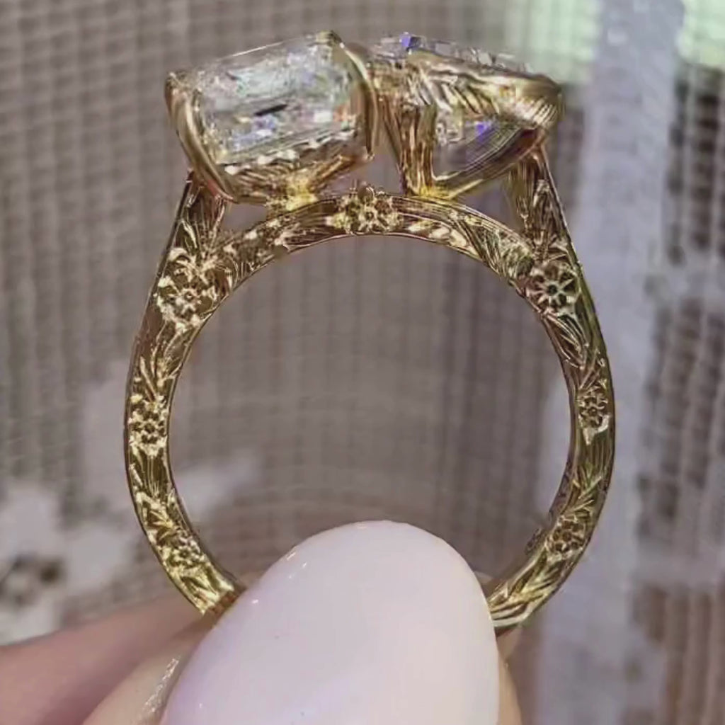 4.50 TCW Vintage Toi Et Moi  Emerald And Pear Lab Grown Art Deco Engagement Ring Gold you And Me Ring