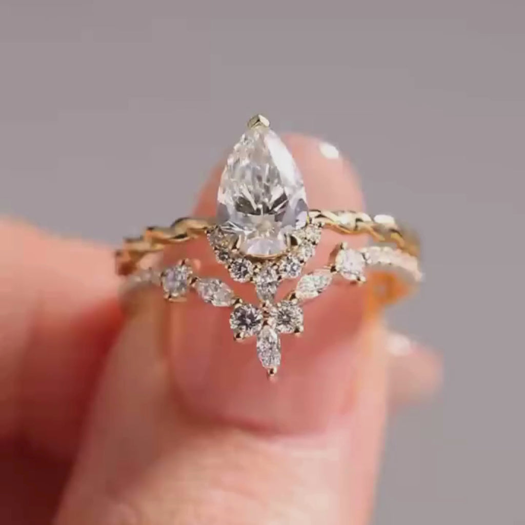 ArtDeco Pear Moissanite Engagement Ring Set Vintage Wedding  Bridal Anniversary Set