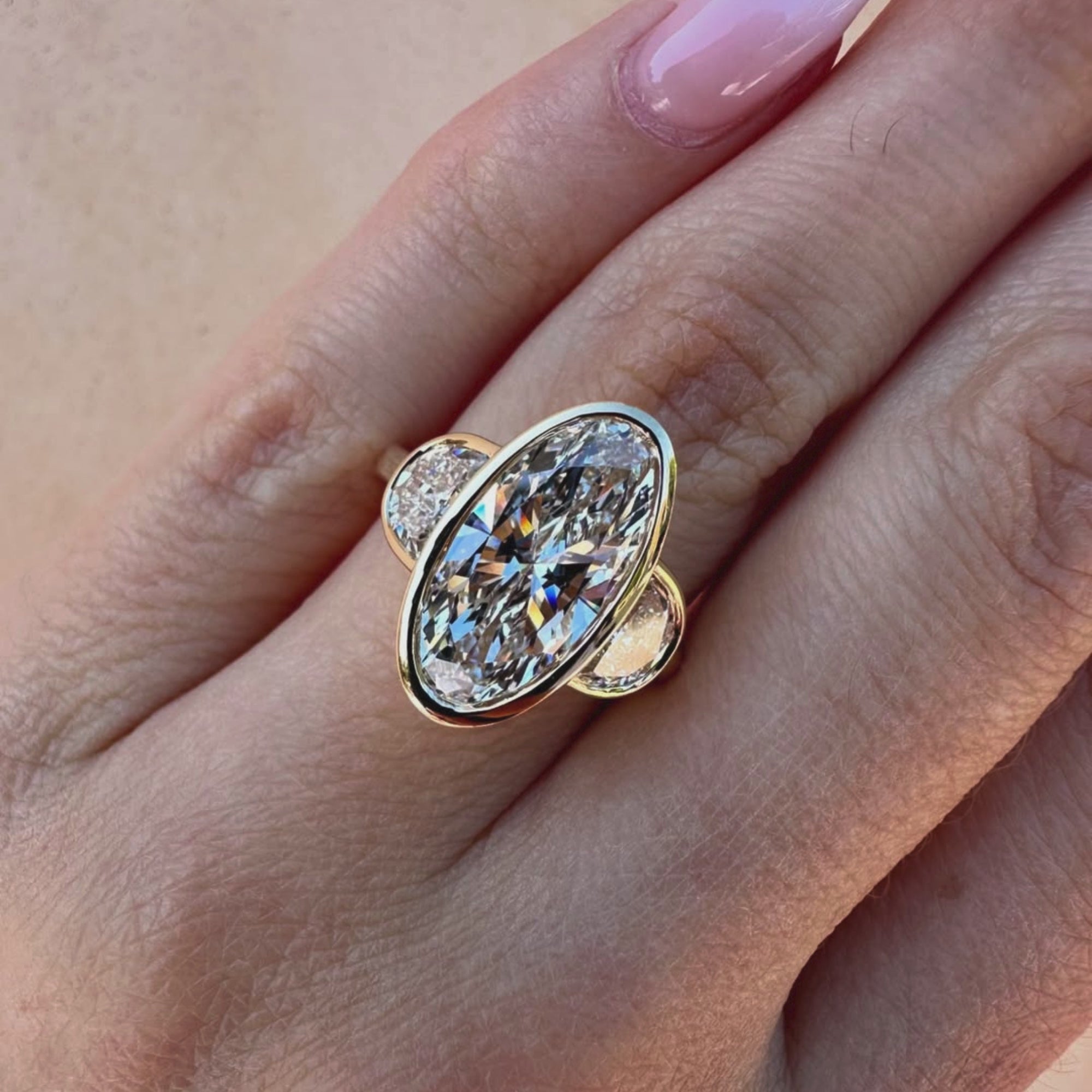 Bezel Set Elongated Oval Cut Engagement Ring Three Stone  Oval Lab Grown Ring  Past Present Future Ring Wedding Rings For Her