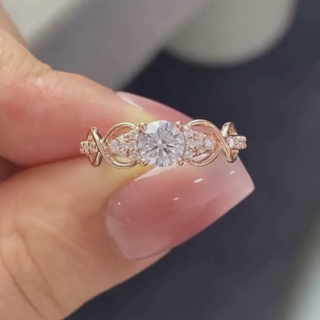 Round Cut Diamond Vintage Inspired Engagement Ring with Twisted Gold Band and Side Accents | Elegant Moissanite Diamond Ring