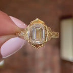 Emerald Cut Vintage Moissanite Engagement Ring Double Claw Prong Gold Art Deco Ring Nature Inspired Wedding Ring Anniversary Ring