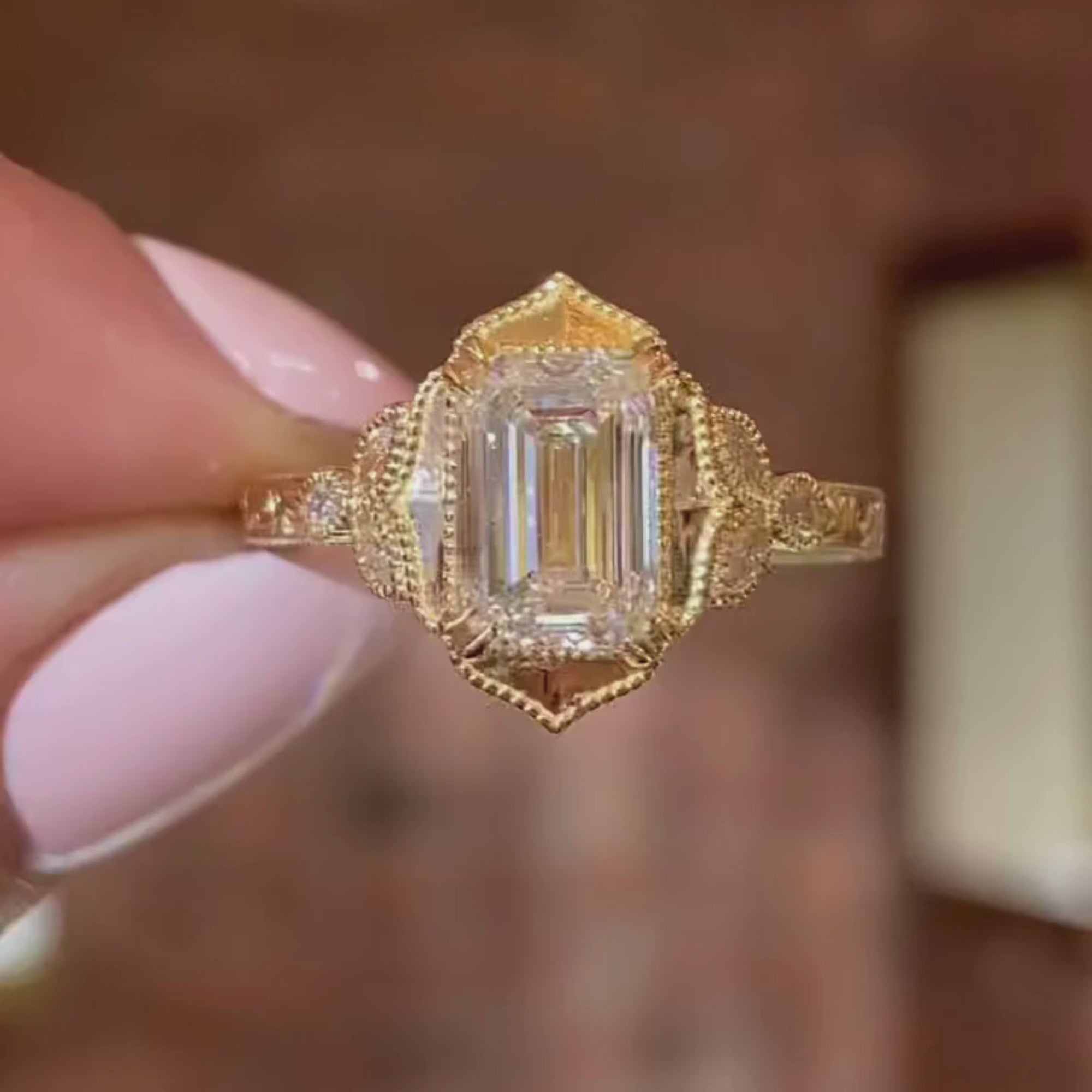 Emerald Cut Vintage Moissanite Engagement Ring Double Claw Prong Gold Art Deco Ring Nature Inspired Wedding Ring Anniversary Ring