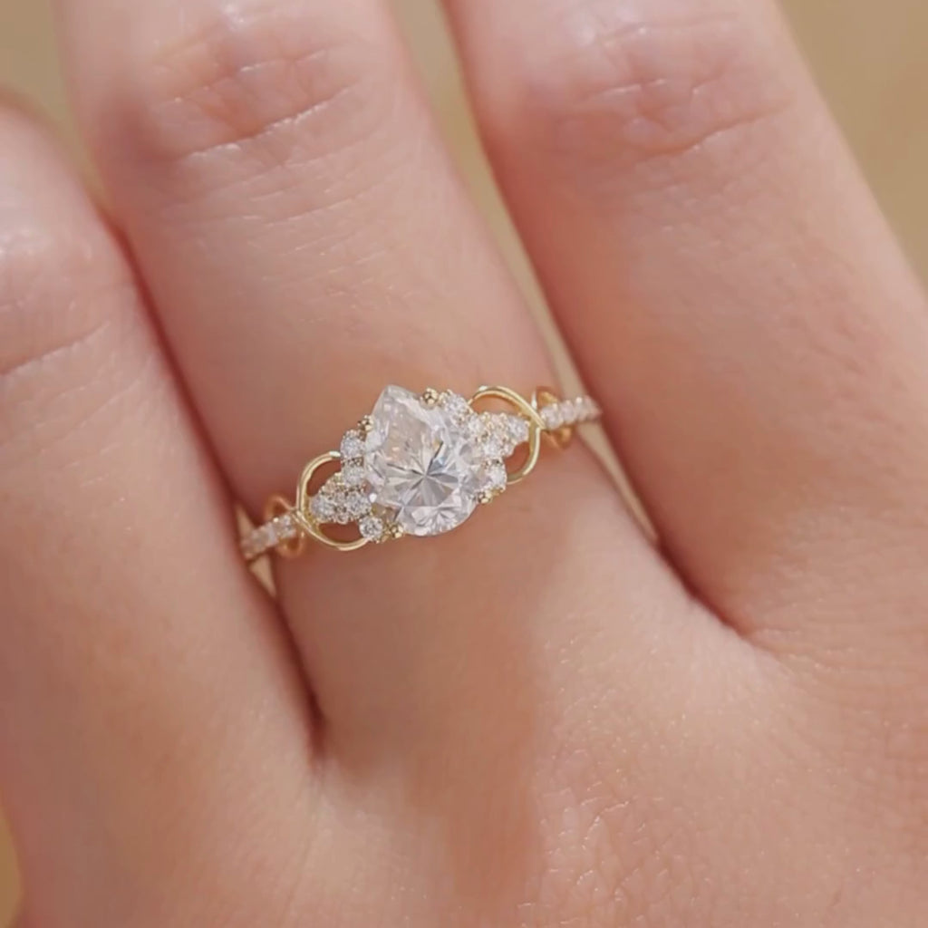 Art Deco Pear Lab Grown Engagement Ring  Gold Vintage Cluster Ring Wedding Ring For Women Nature Inspired Anniversary Ring