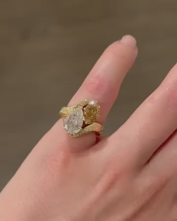 3.50 TCW Pear And Brown Oval Toi Et Moi Lab Grown Engagement Ring Engraved Band Gold Ring