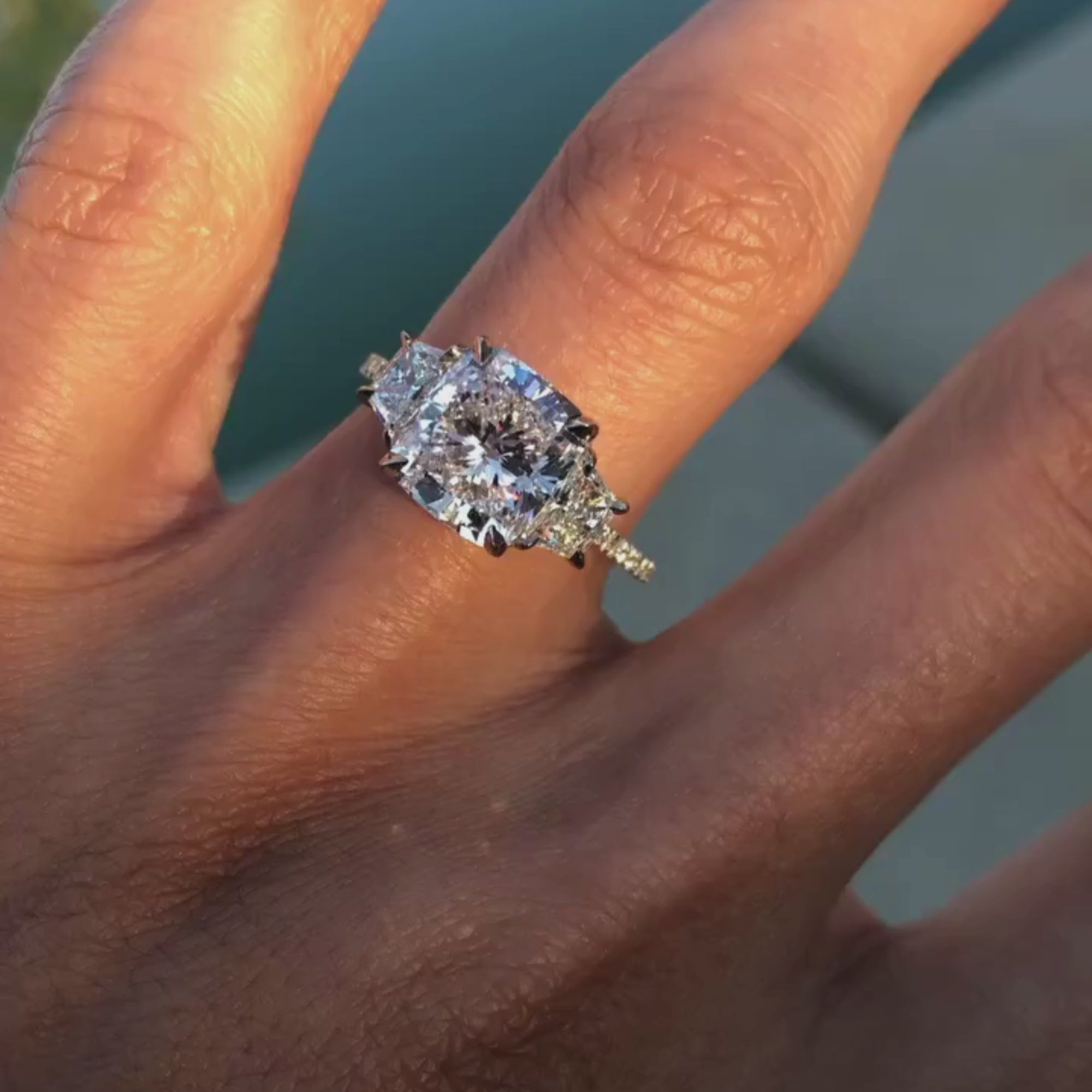 Cushion Three Stone Cut Moissanite Engagement Ring Hidden Halo Solid Gold Wedding Ring Past Present Future Ring Anniversary Ring