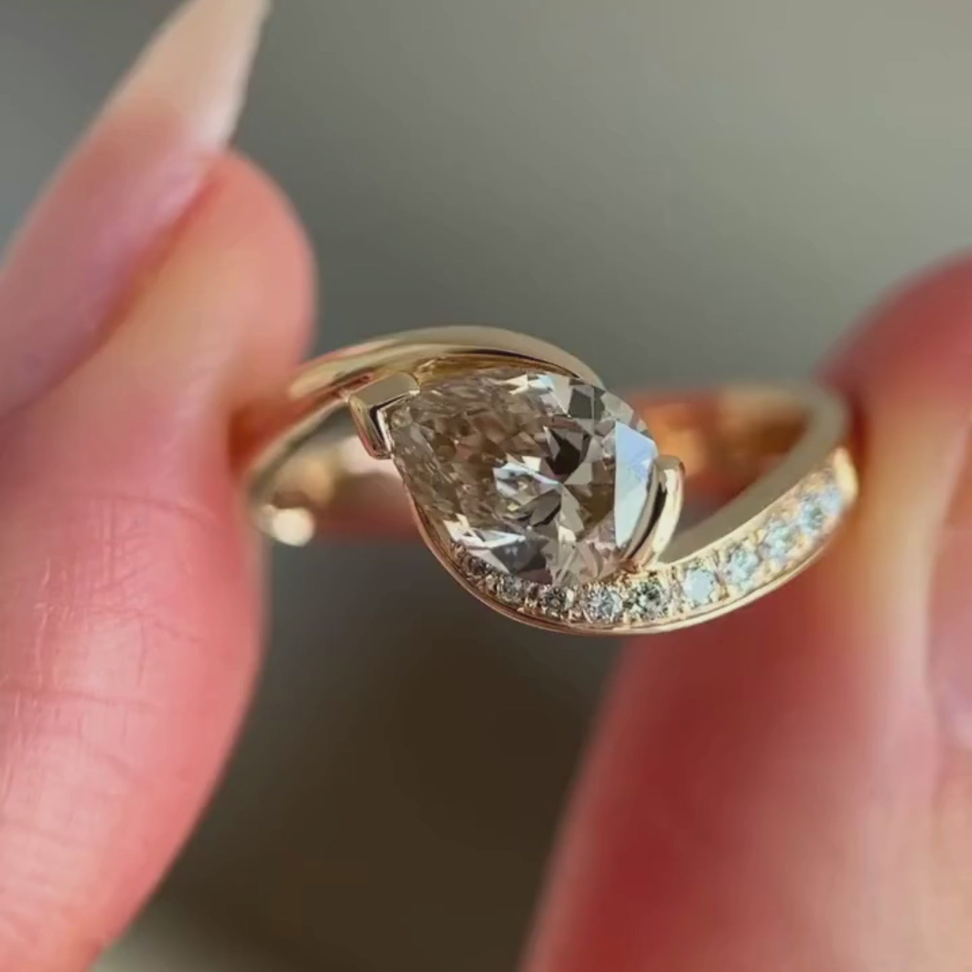 Light Brown Pear Moissanite Engagement Ring V Prong East West Wedding Ring