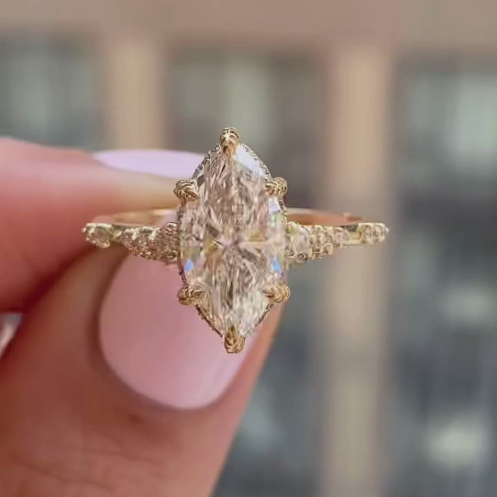 Marquise Cut Moissanite Art Deco Engagement Ring Hidden Halo Gold Wedding Ring Anniversary Rings For Women Nature Inspired Ring