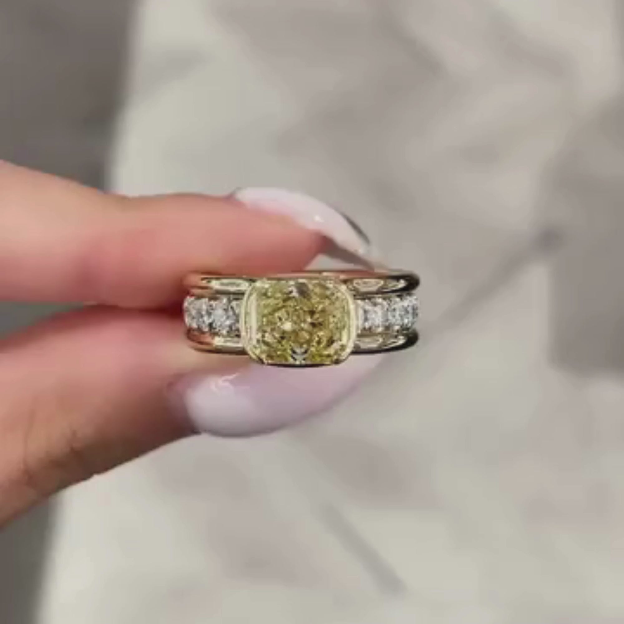 East West Yellow Cushion Moissanite Engagement Ring Half Bezel Solid Gold Wedding Ring