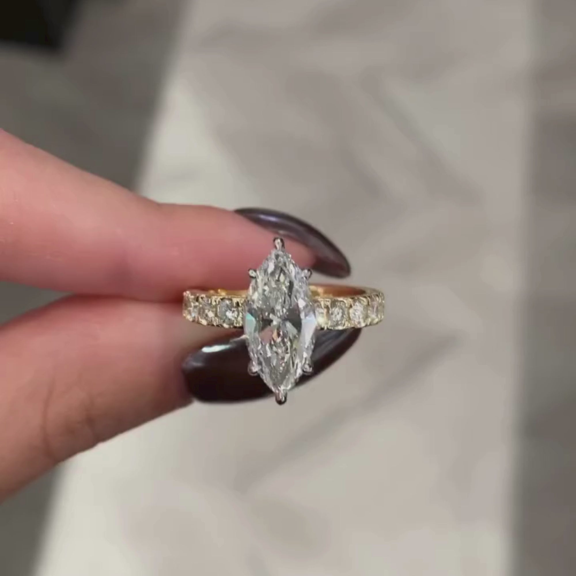 Marquise Moissanite Diamond Engagement Ring Yellow Gold Band With Side Diamonds Vintage Milgrain Setting