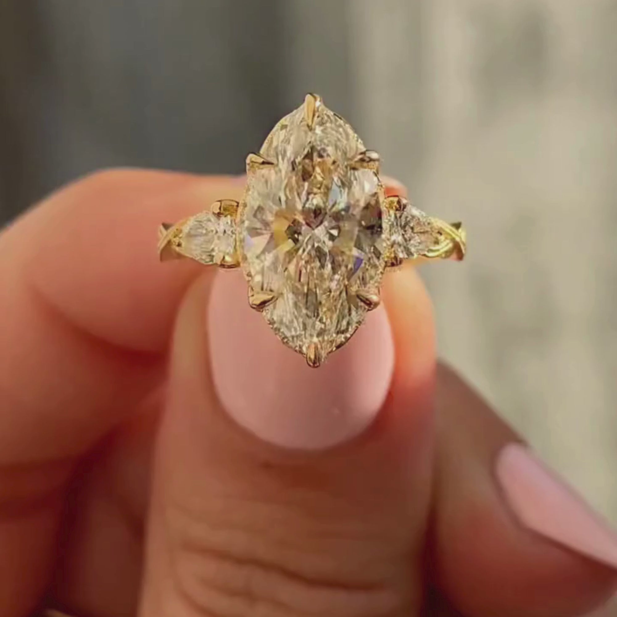 Marquise Lab Three Stone Lab Grown Engagement Ring Vintage Inspired Wedding Ring