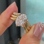 Oval Moissanite Diamond Ring Set with Curved Pavé Gold Bands, Luxury Bridal Engagement & Wedding Ring Set, Modern Statement Oval Cut Design