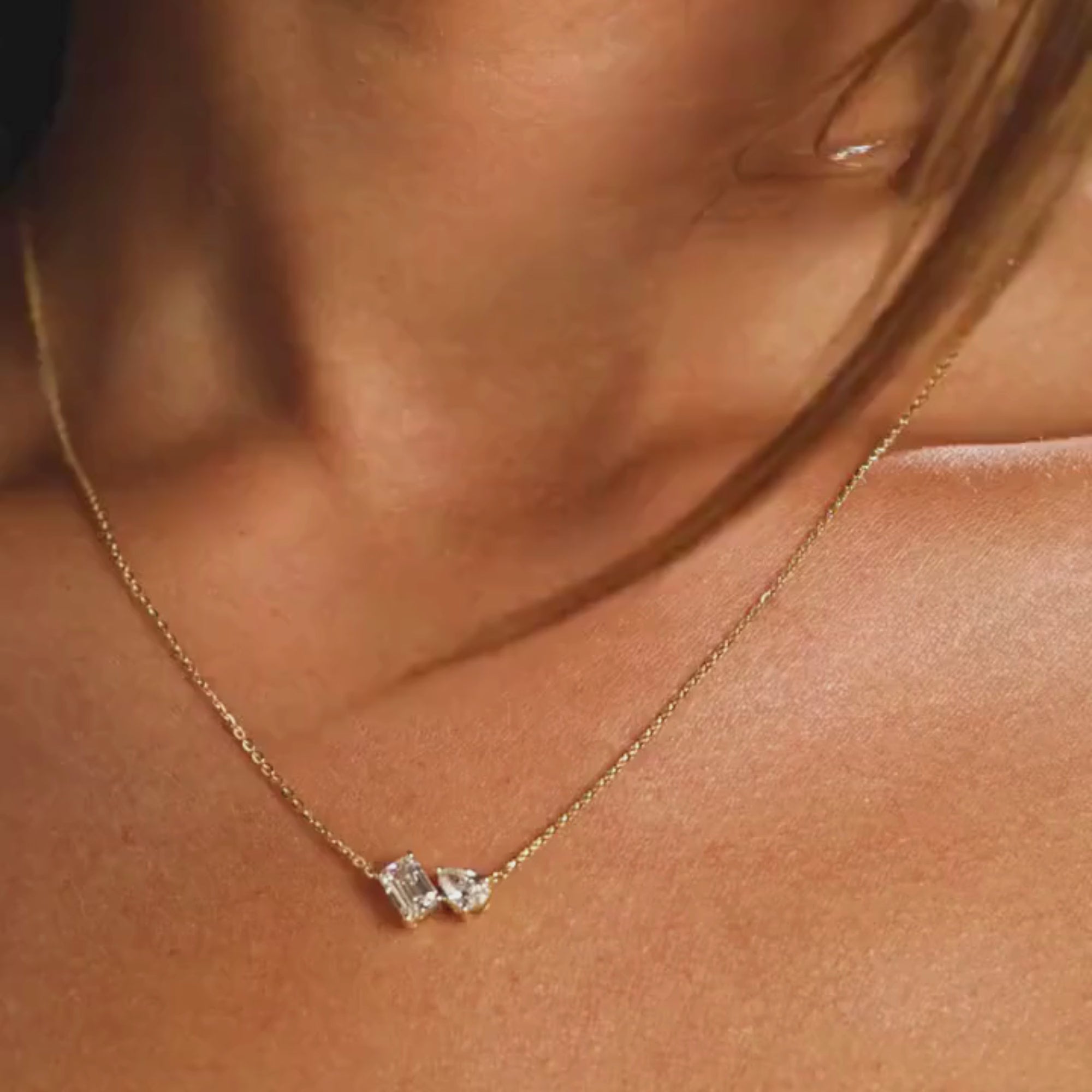 1.25 TCW Emerald and Pear Moissanite Toi Et Moi Gold Necklace, Two Stone Diamond Pendant