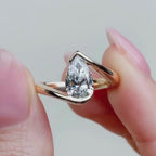 Bypass Pear Moissanite Engagement Ring Half Bezel Gold  Anniversary Ring
