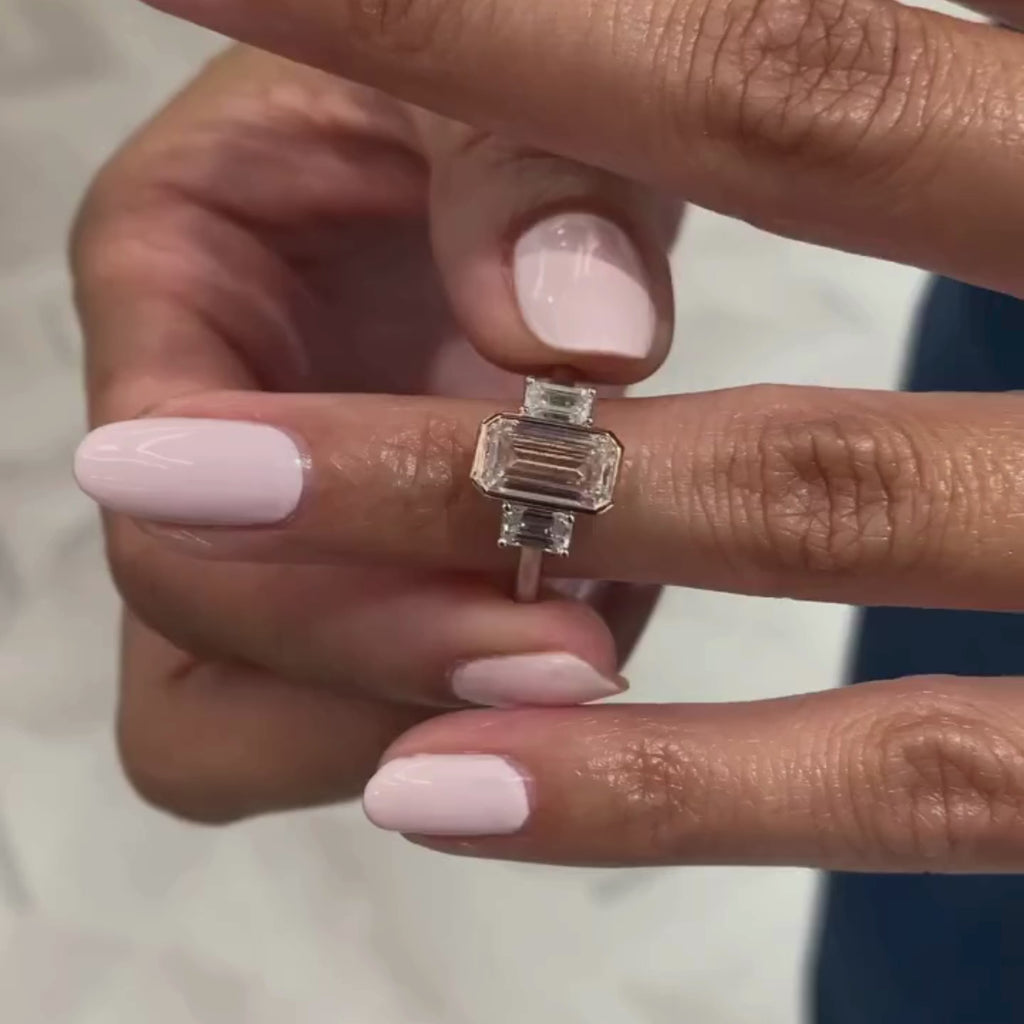 Emerald Cut Lab Grown  Diamond Three Stone Engagement Ring Bezel Setting Handmade Luxury Ring