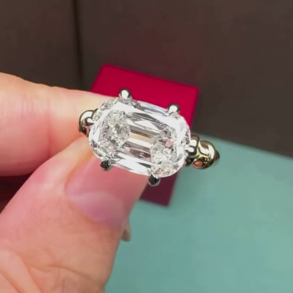 Old Mine Elongated Cushion Lab Grown Engagement Ring East West Gold Wedding Ring