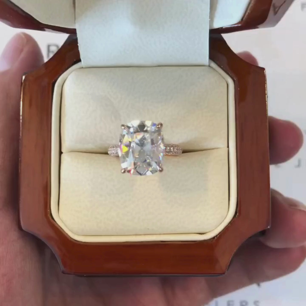 Old Mine Elongated Cushion Cut Moissanite Diamond Engagement Ring with Pavé Band in Rose Gold