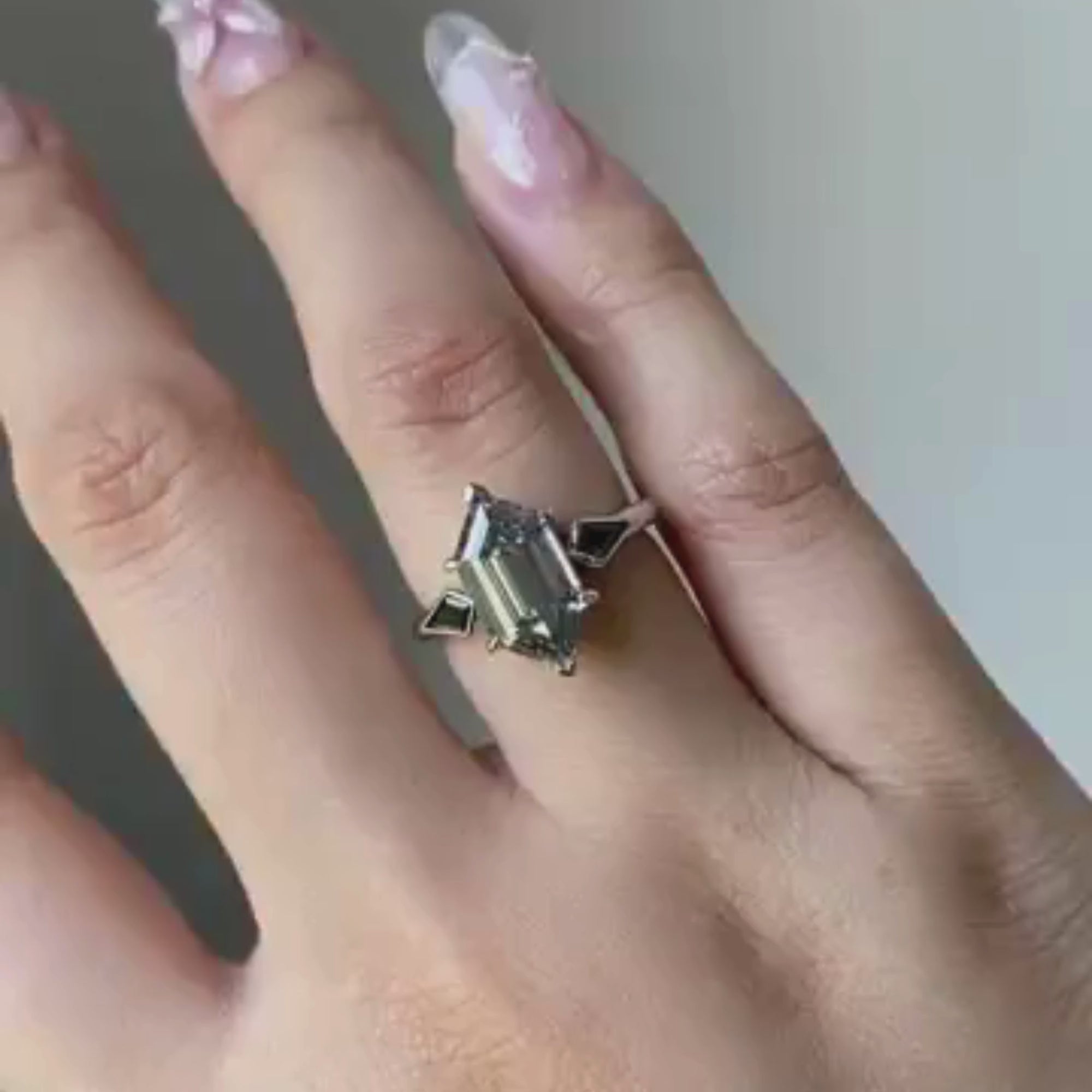 Grey Hexagon Cut Three Stone Engagement Ring in White Gold | Modern Geometric Vintage Inspired Moissanite Diamond Ring