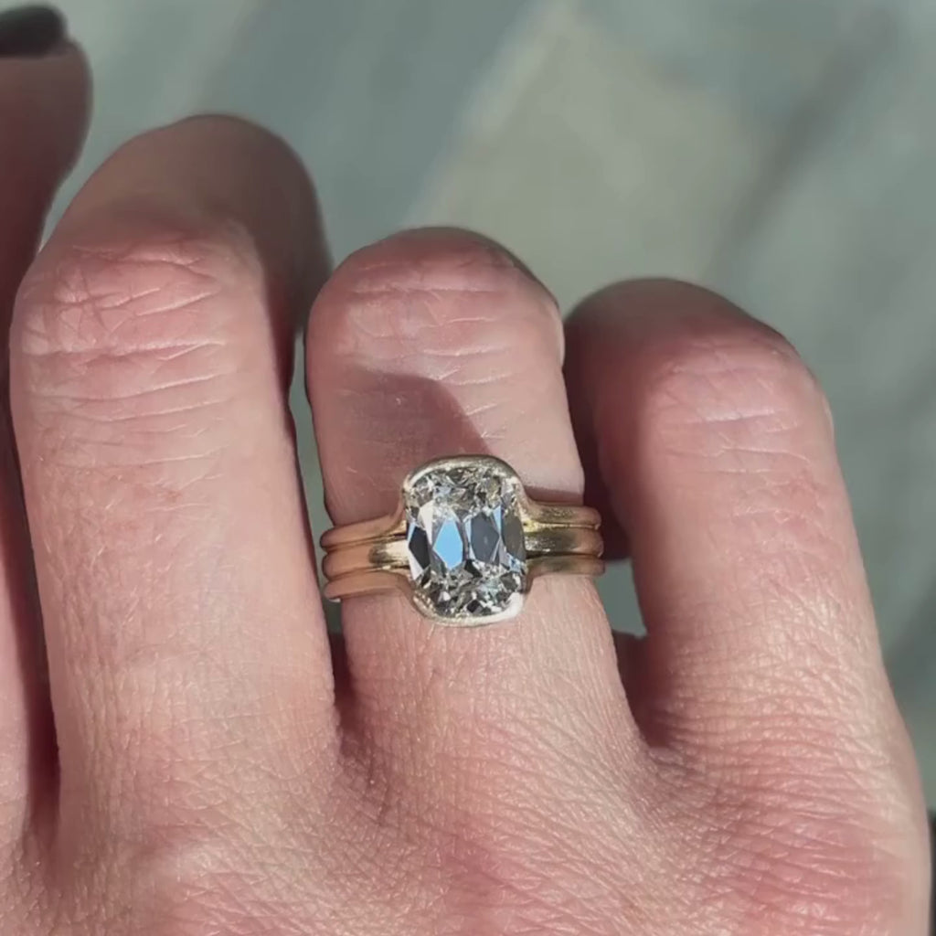 Half Bezel Set Old Mine Elongated Cushion Lab Grown Engagement Ring Antique  Gold Unique Wedding Anniversary Ring