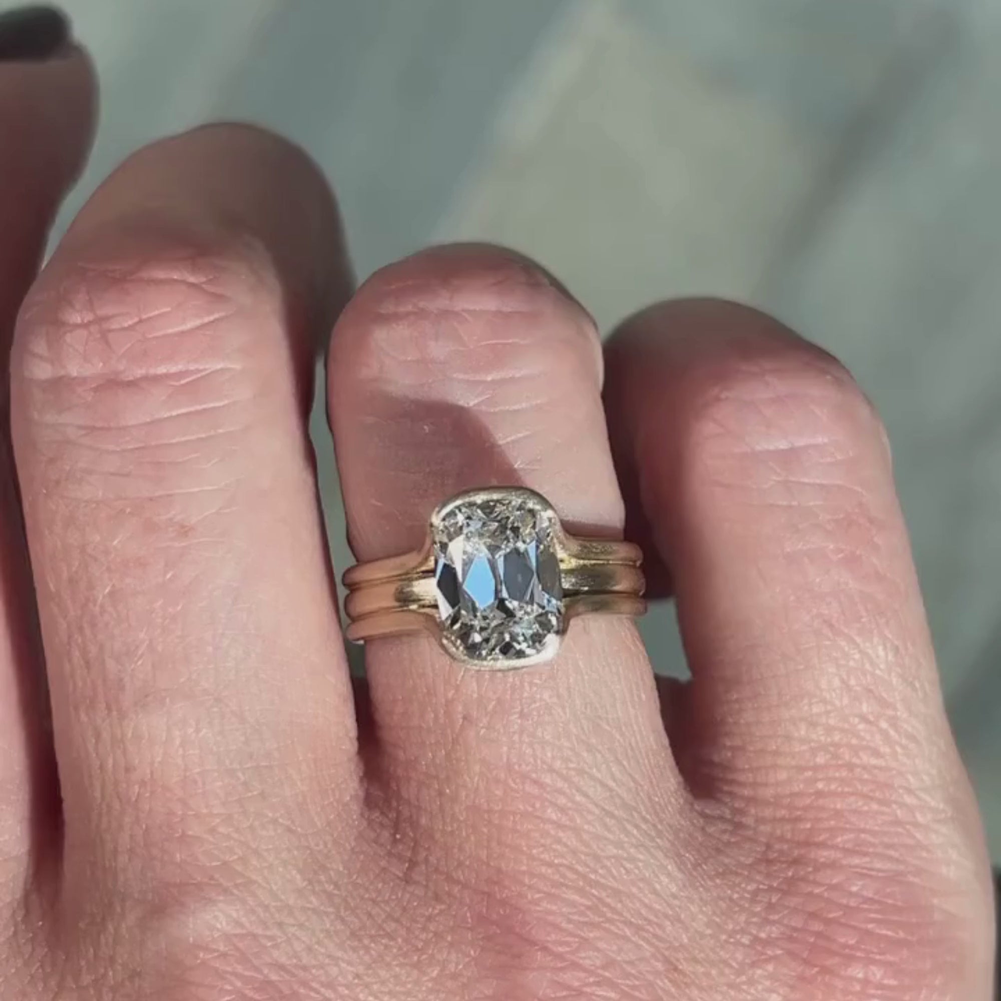 Half Bezel Set Old Mine Elongated Cushion Lab Grown Engagement Ring Antique  Gold Unique Wedding Anniversary Ring