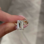 Twisted Band  Emerald Moissanite Hidden Halo Engagement Ring Gold Wedding Anniversary Ring