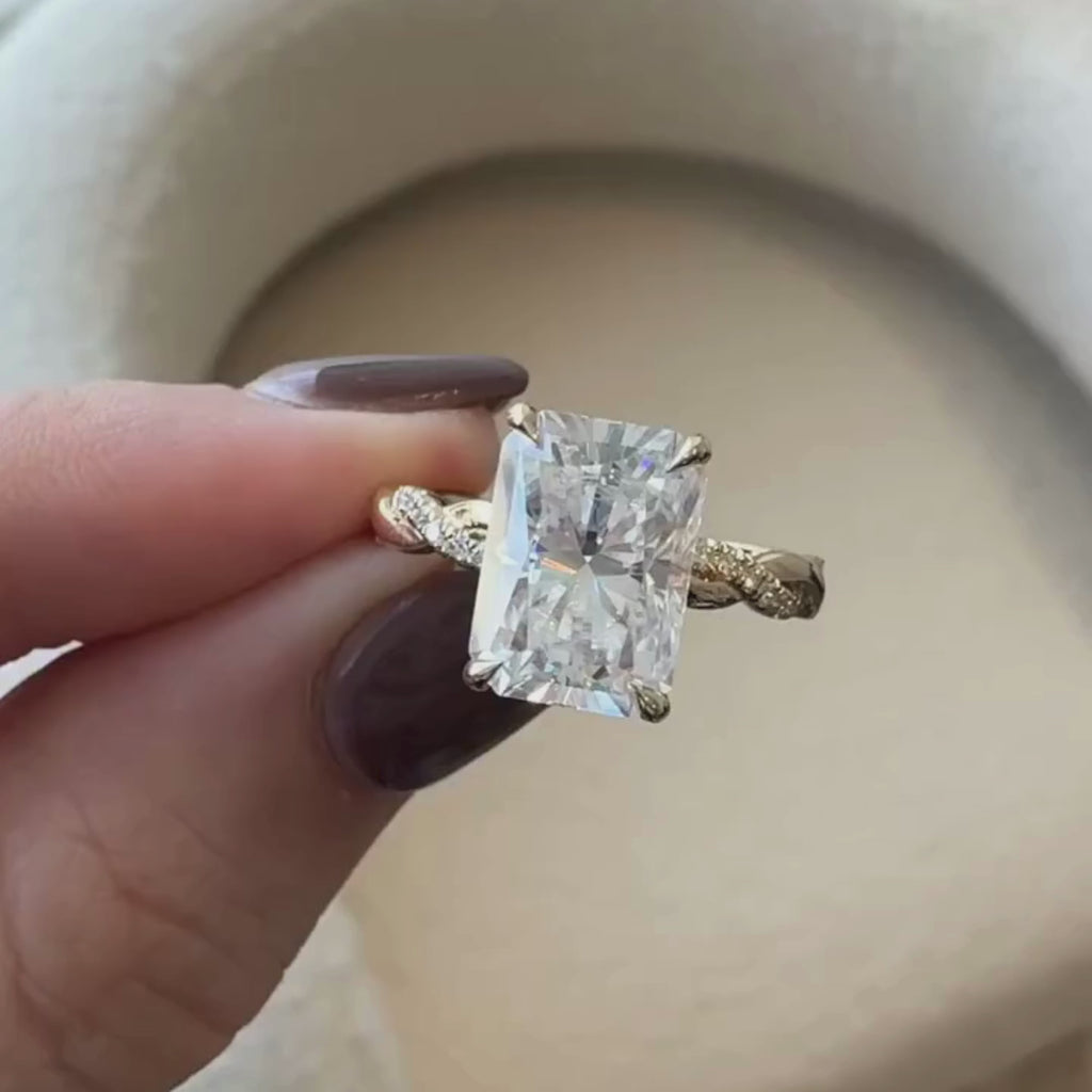Tulip Set Radiant Cut Twisted Band Lab Grown Engagement Ring Hidden Halo Solid Gold Wedding Ring Anniversary Rings For Women