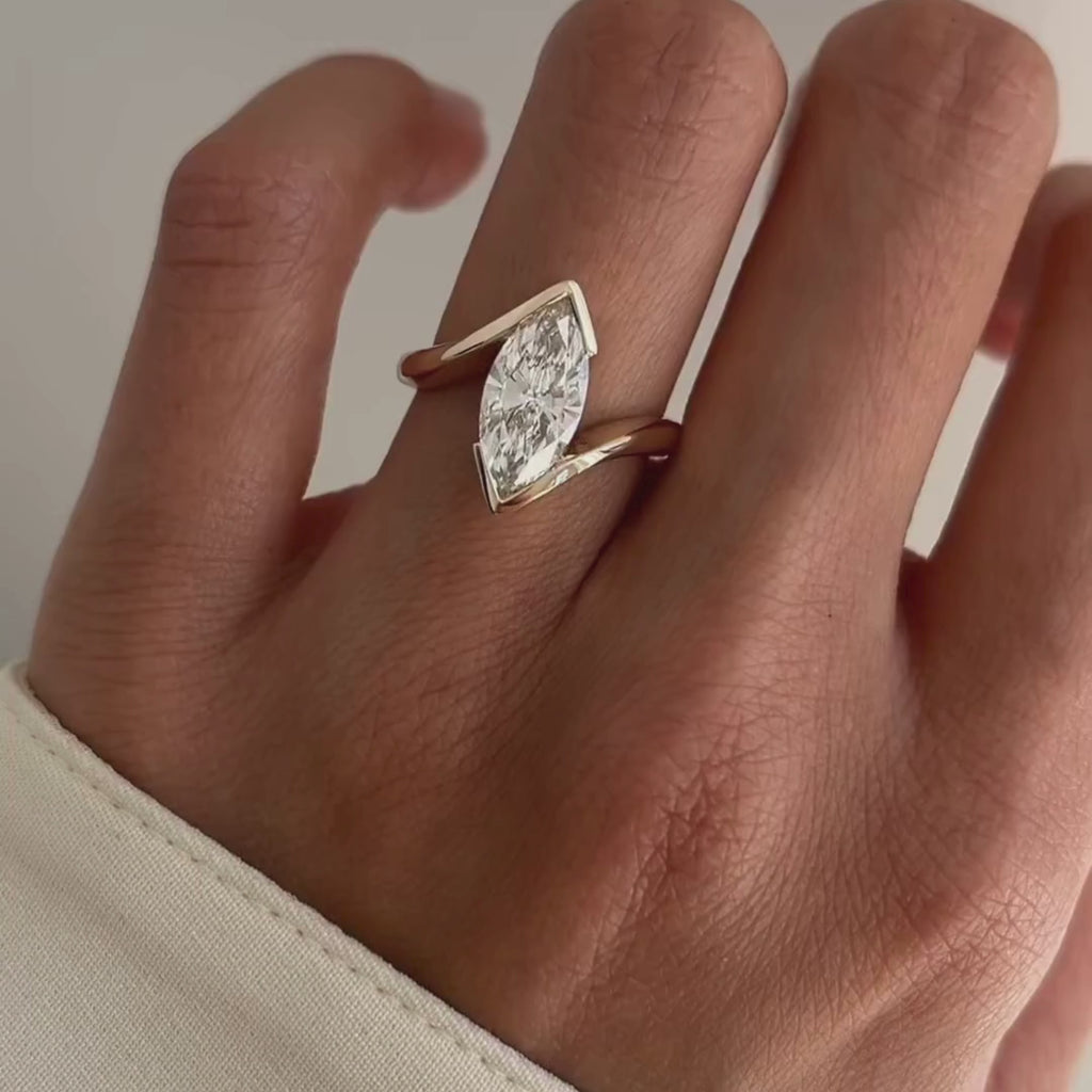 Half Bezel Set Marquise Cut Engagement Ring Bypass Moissanite Ring Solid Gold Wedding Ring Anniversary Rings For Women Promise Ring