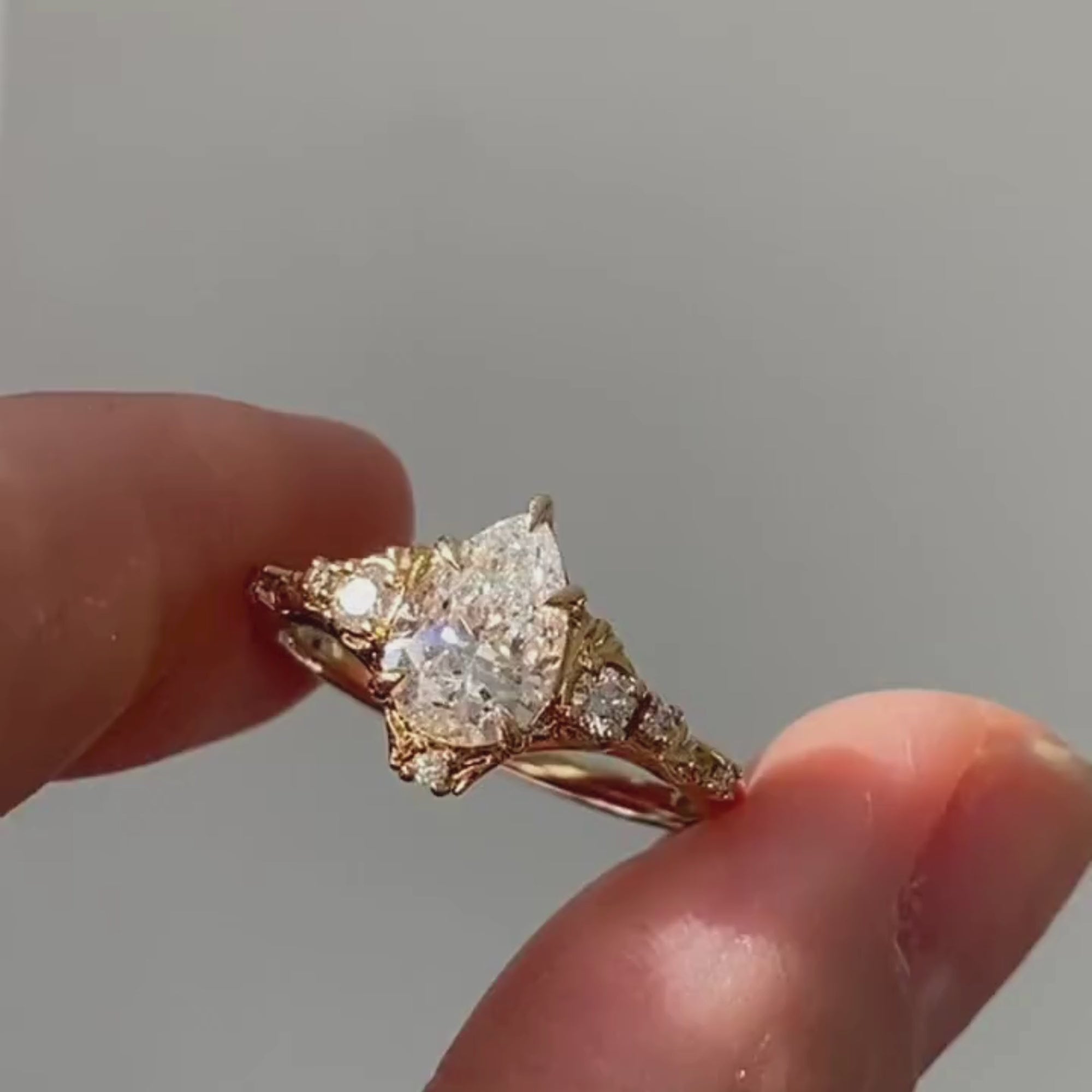 Vintage Pear Moissanite Art Deco Engagement Ring Cluster Gold Wedding Nature Inspired Ring