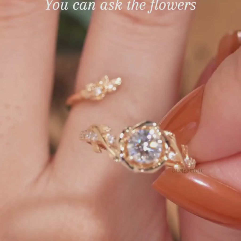 Nature Inspired Round Lab Grown Vintage Engagement Ring Set Art Deco Gold Bridal Wedding Ring Sets