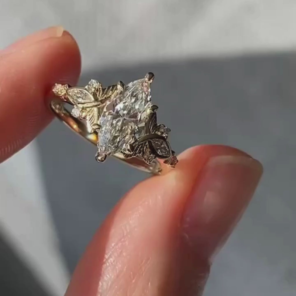 Cluster Marquise Lab Grown Engagement Ring Art Deco Gold Vintage Wedding Ring