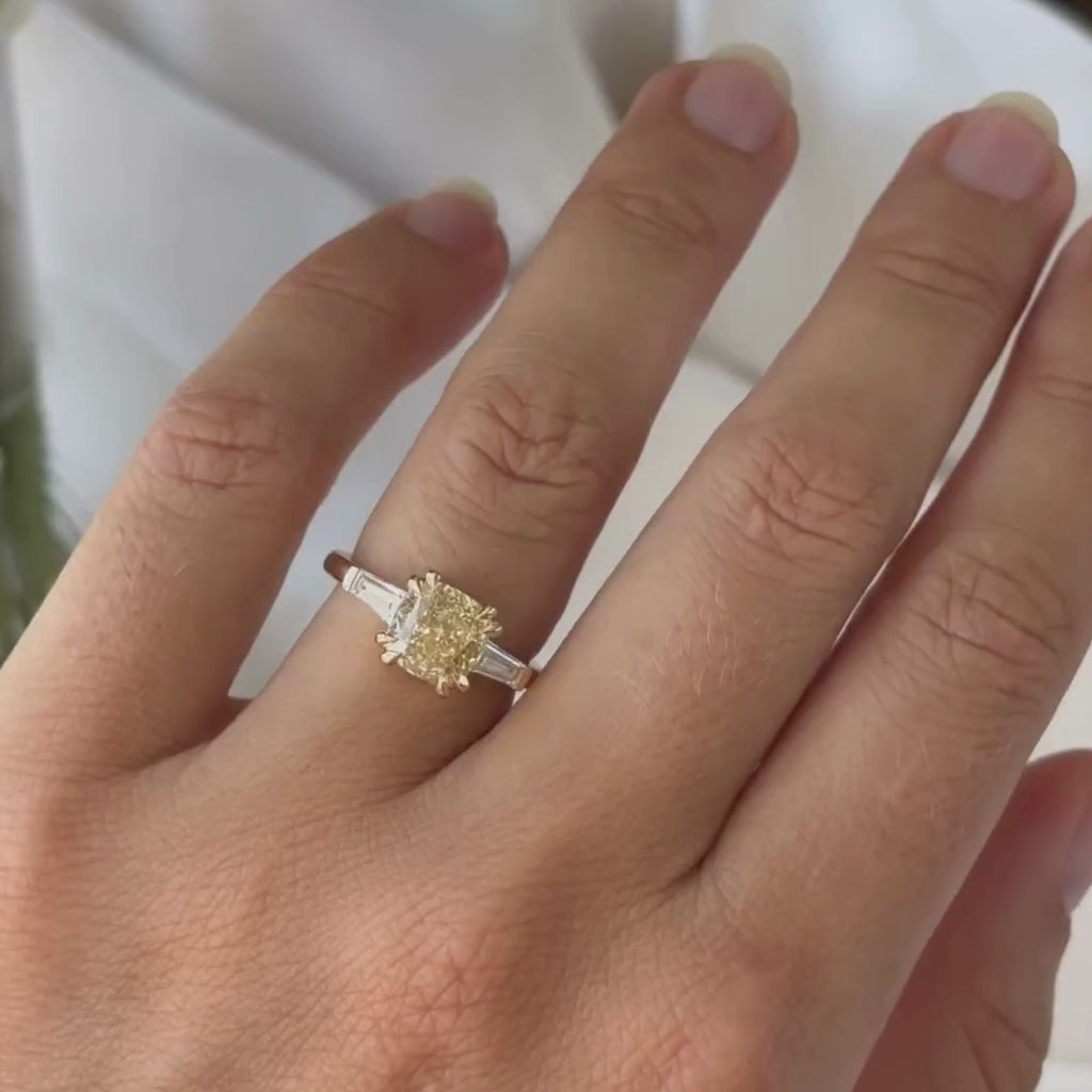 Canary Yellow Cushion Cut Lab Grown Ring Cushion Three Stone Engagement Ring Double Claw Prong Gold Wedding Ring Anniversary Ring