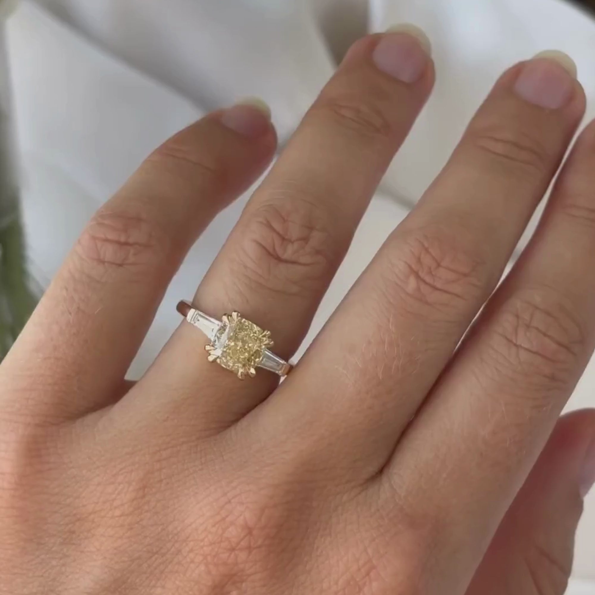 Canary Yellow Cushion Cut Lab Grown Ring Cushion Three Stone Engagement Ring Double Claw Prong Gold Wedding Ring Anniversary Ring