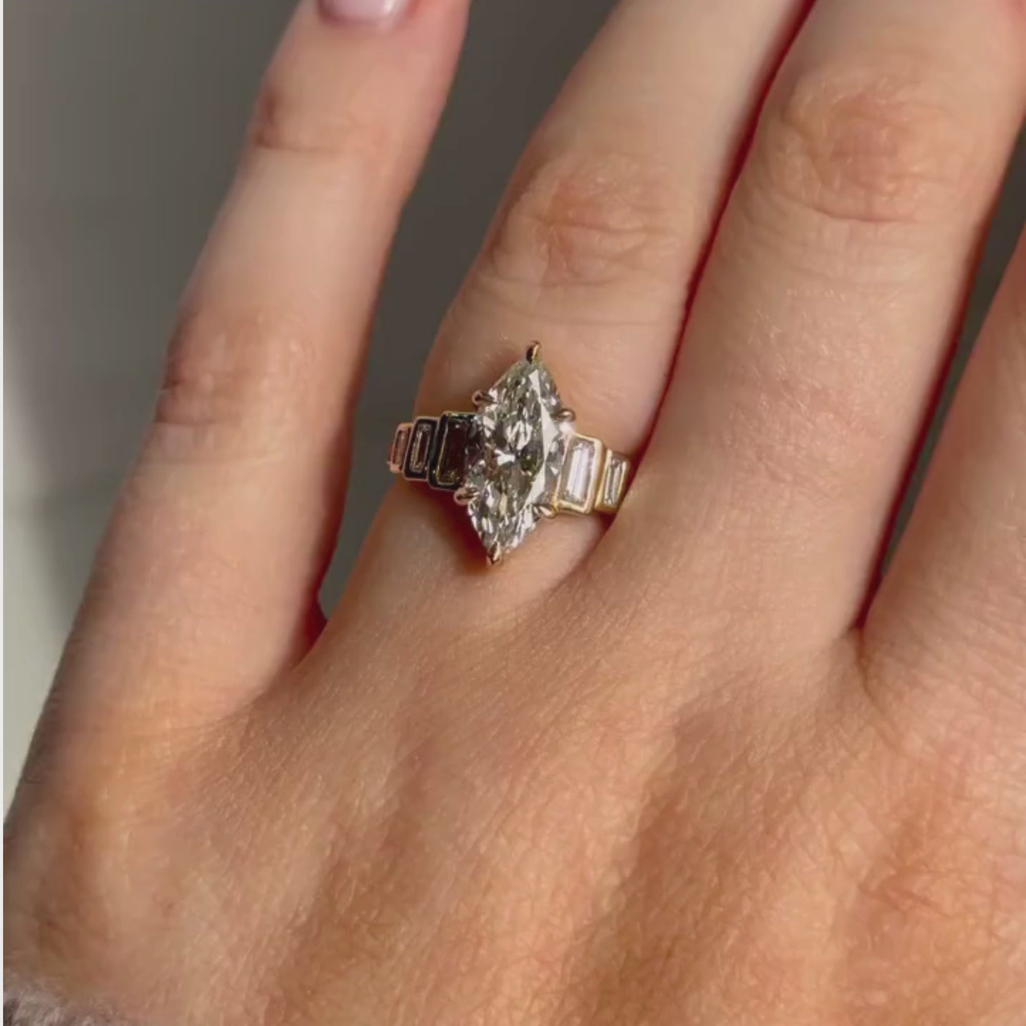 Marquise Lab Grown Engagement Ring Bezel Set Baguette Gold Wedding Ring