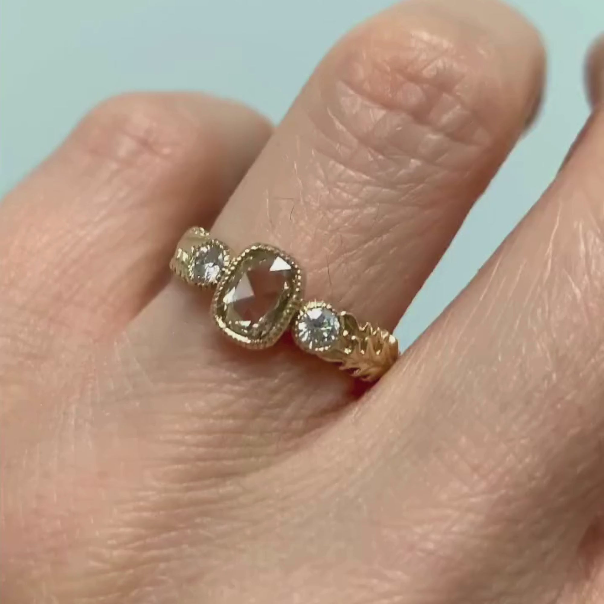 Vintage Milgrain Bezel Light Brown Cushion Rose Cut Lab Grown Engagement Ring Three Stone Art Deco Gold Nature Inspired Ring