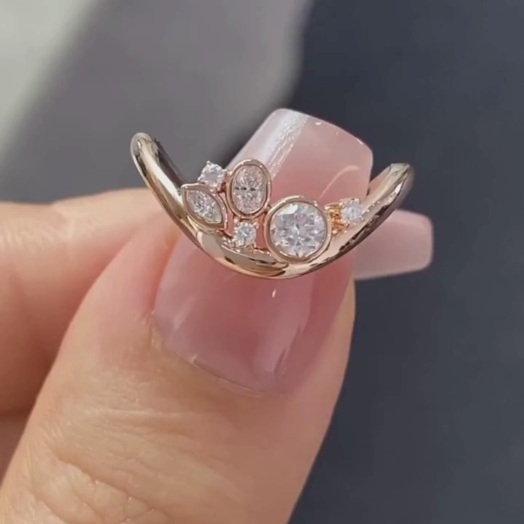 0.48 TCW Curve Bezel Set Round And Oval And Marquise Moissanite Wedding Band Minimalist  Gold Stackable Band Anniversary Matching Band