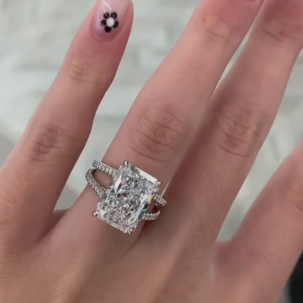 Radiant Lab Grown Diamond Engagement Ring Split Shank Double Band White Gold Luxury Ring