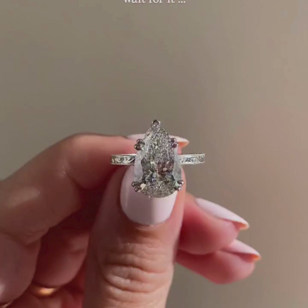 Double Claw Prong Pear Lab Grown Engagement Ring Hidden Halo Gold Wedding Engraved Band Ring