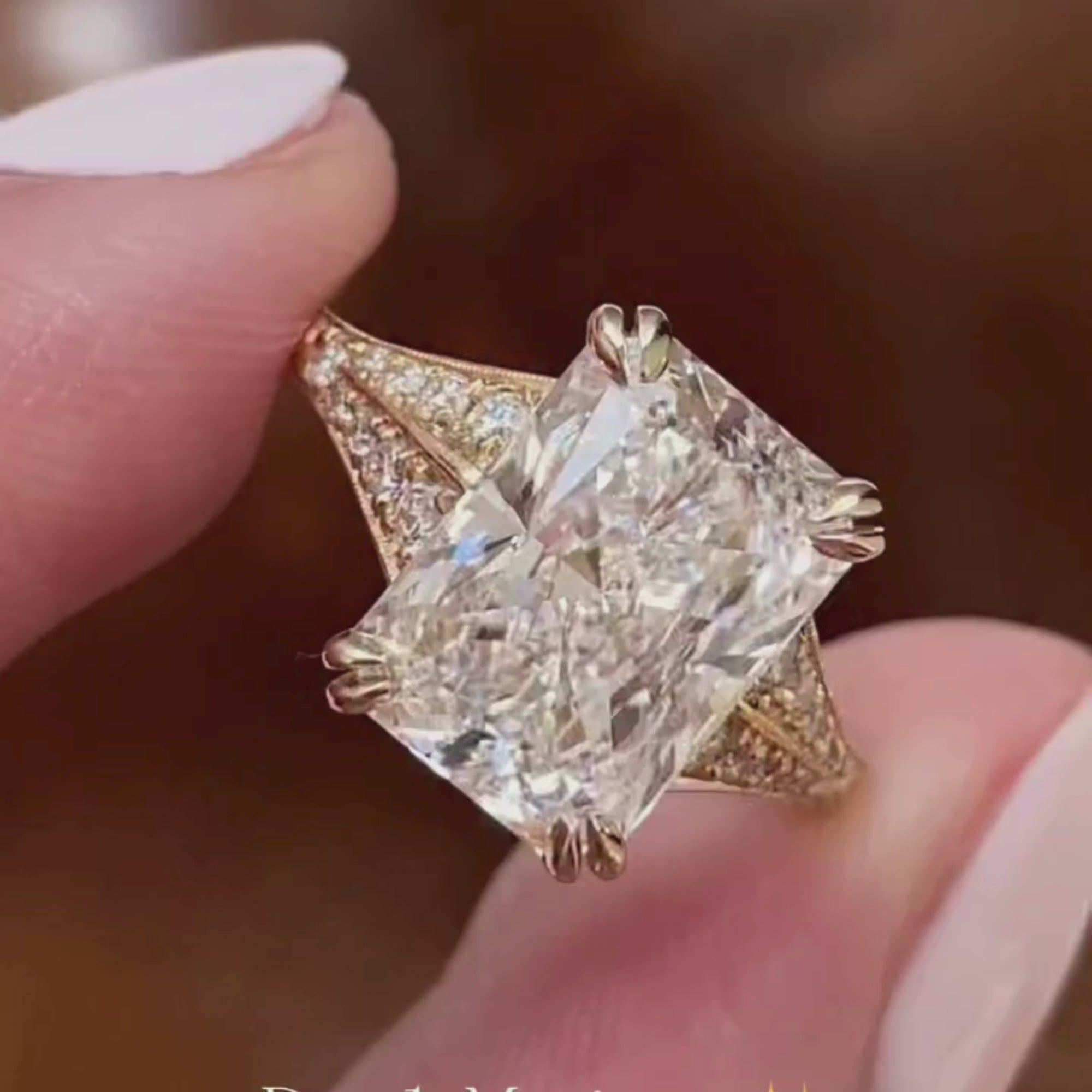 Radiant Cut Lab Grown Diamond Engagement Ring with Split Shank Art Deco Setting in Yellow Gold