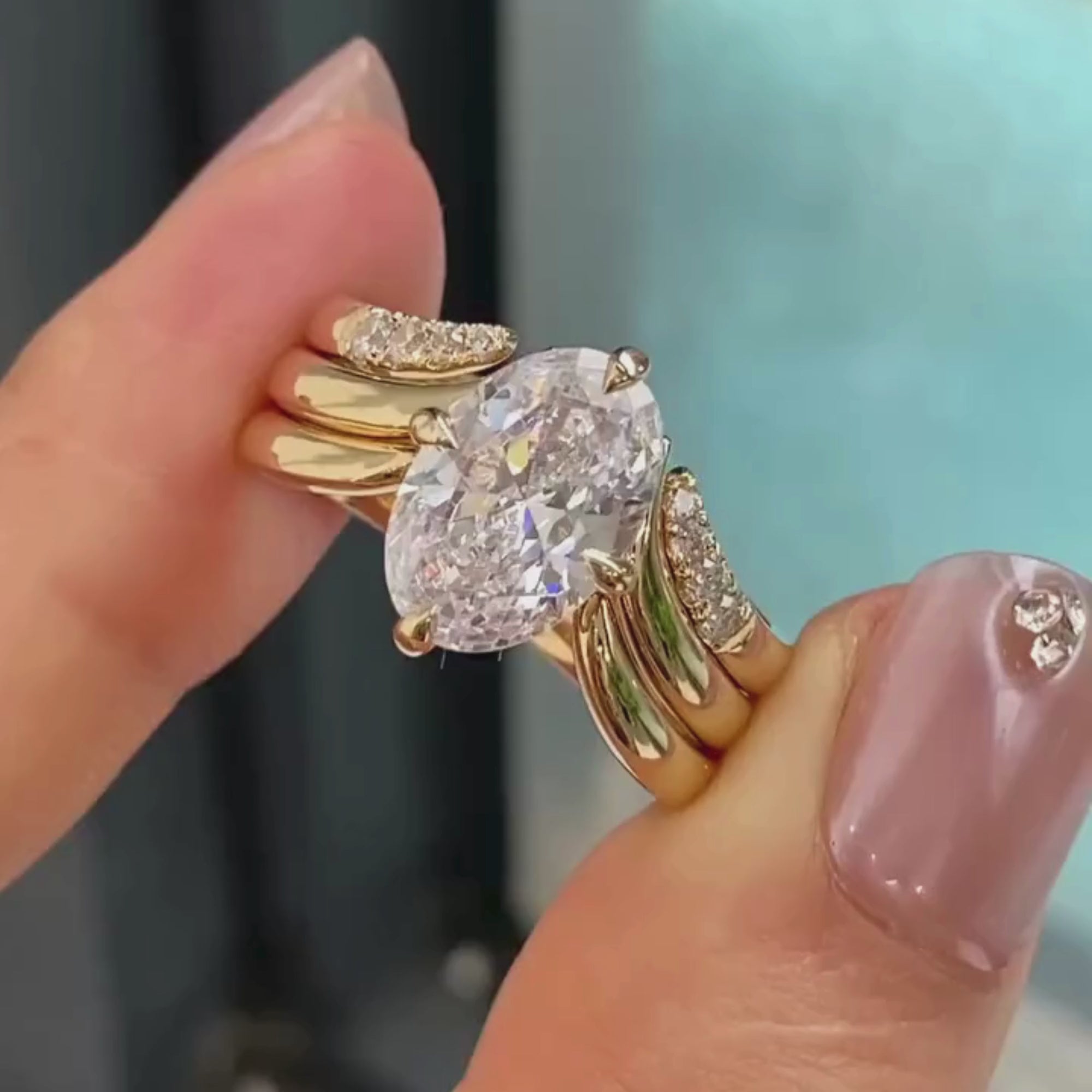 Oval Lab Grown Diamond Ring Set with Curved Pavé Gold Bands, Luxury Bridal Engagement & Wedding Ring Set, Modern Statement Oval Cut Design