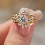 Art Deco Princess Moissanite Vintage Engagement Ring Set Bridal Wedding Nature Inspired Anniversary Sets