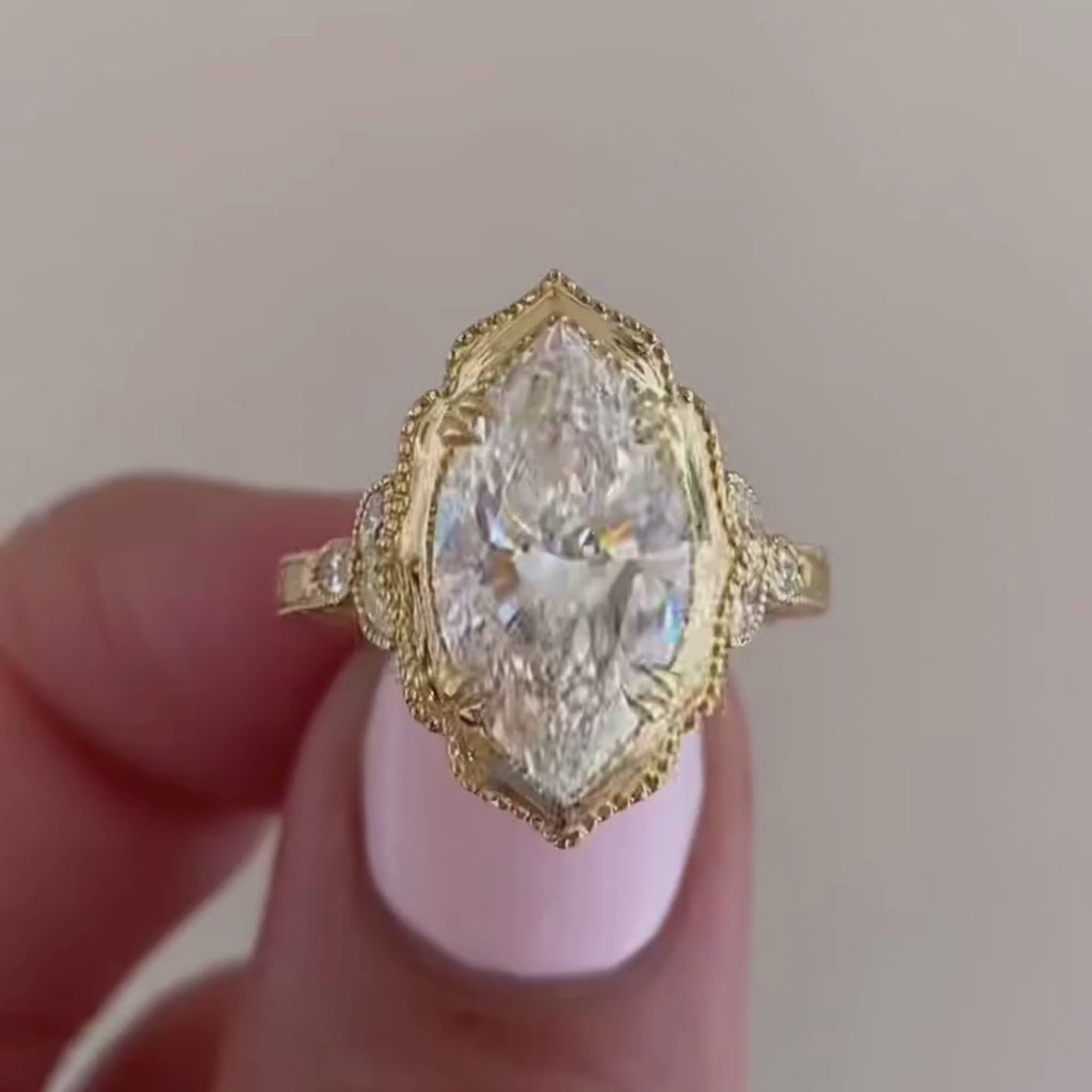 Bezel Set  Marquise Cut Lab Grown Engagement Art Deco  Vintage Wedding Ring Nature Inspired Ring Anniversary Rings For Women