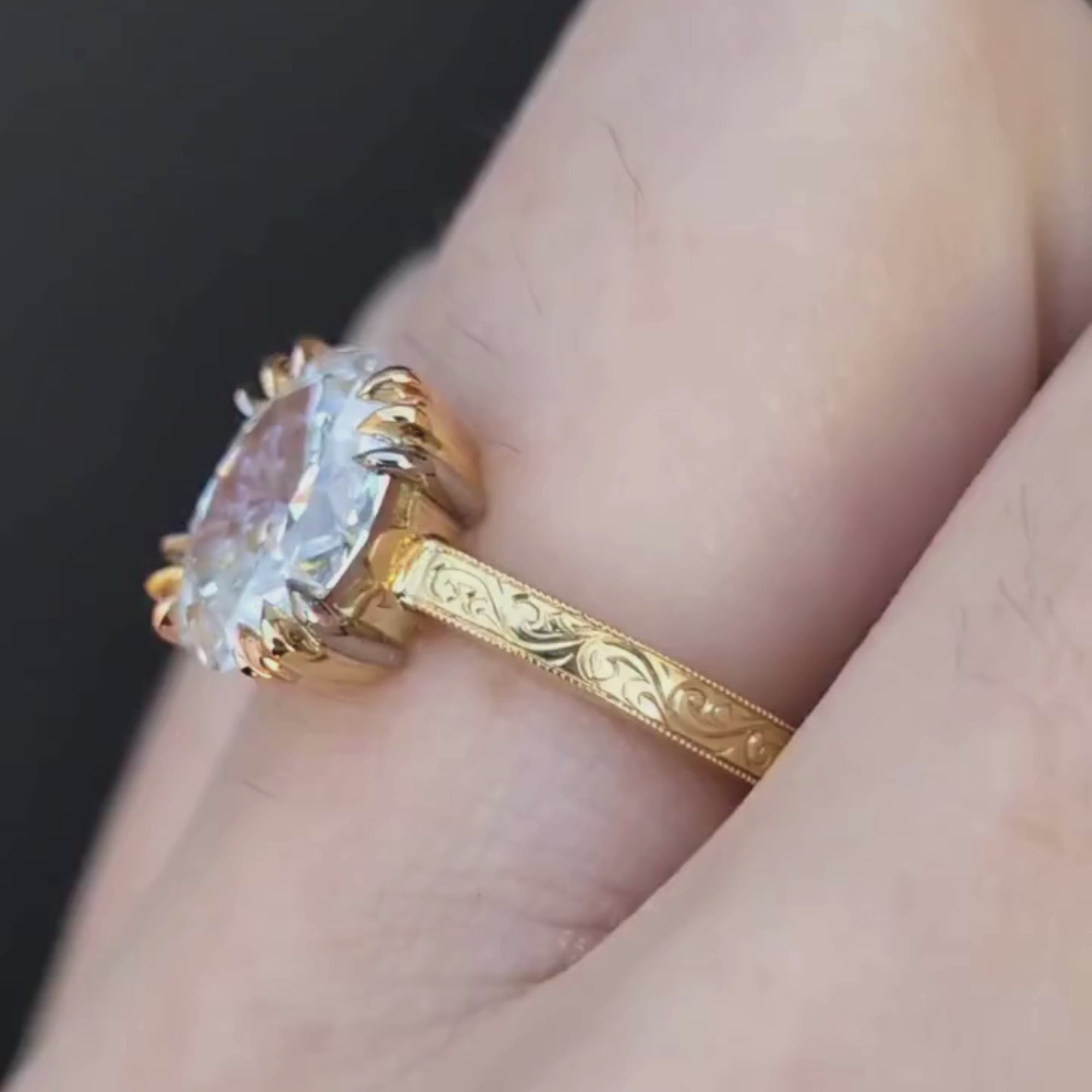 Oval Lab Grown Engagement Ring Gold Engraved Band Vintage Claw Prong Solitaire Ring