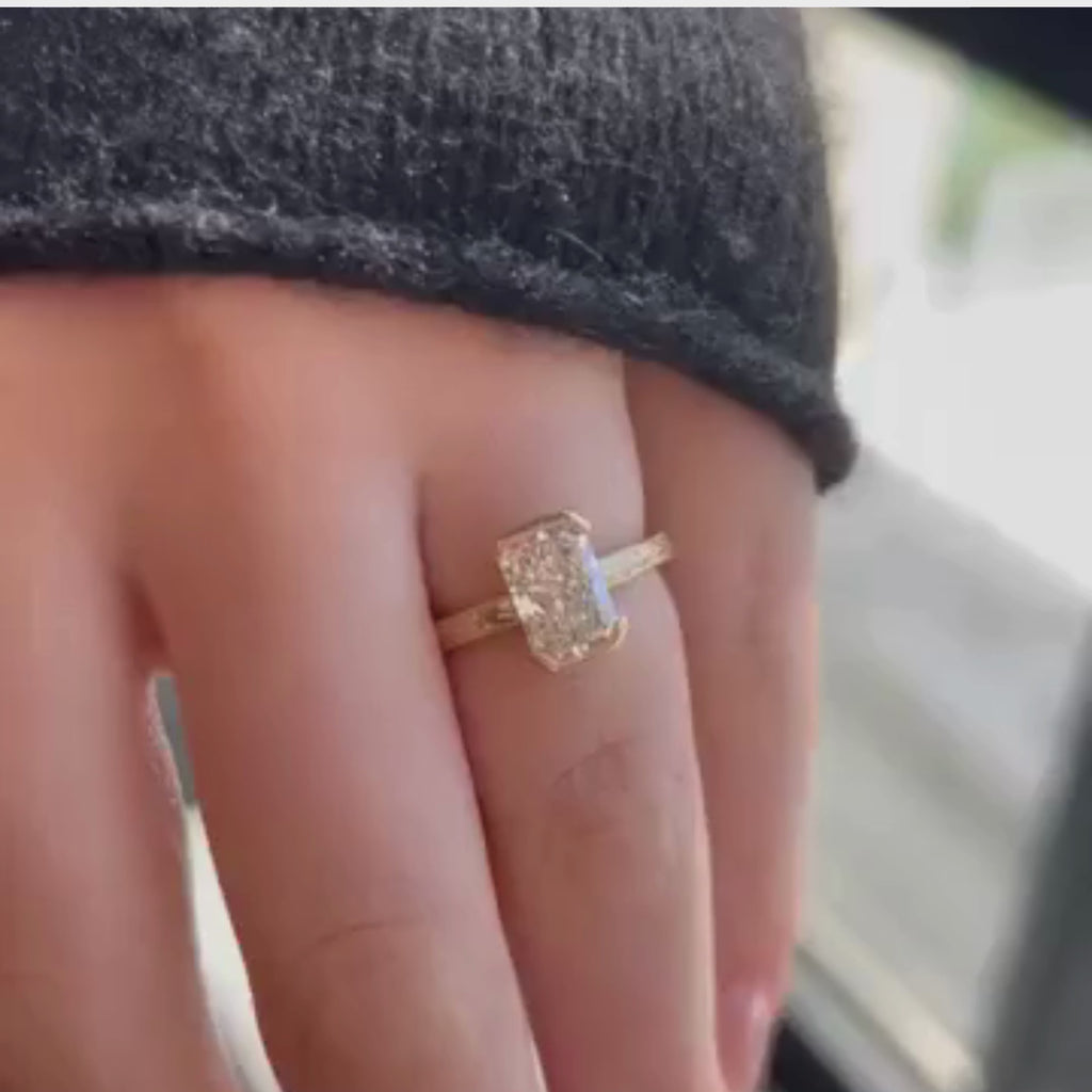 Radiant Half Bezel Set Moissanite Engagement Ring Vintage Inspired Gold Wedding Ring