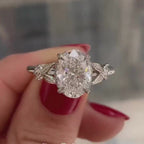 Oval Lab Grown Diamond Engagement Ring with Floral Leaf Art Deco Setting in White Gold