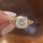 Double Claw Prong  Cushion Vintage Moissanite Engagement Ring Art deco Gold Wedding Nature Inspired Ring