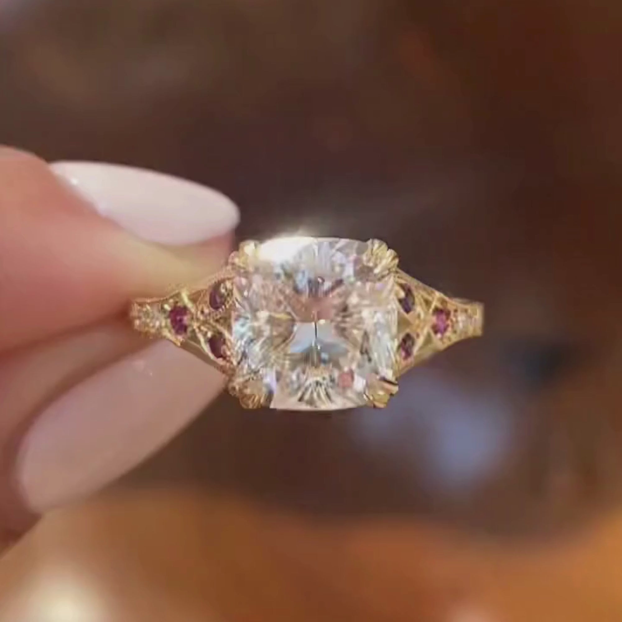 Double Claw Prong  Cushion Vintage Moissanite Engagement Ring Art deco Gold Wedding Nature Inspired Ring